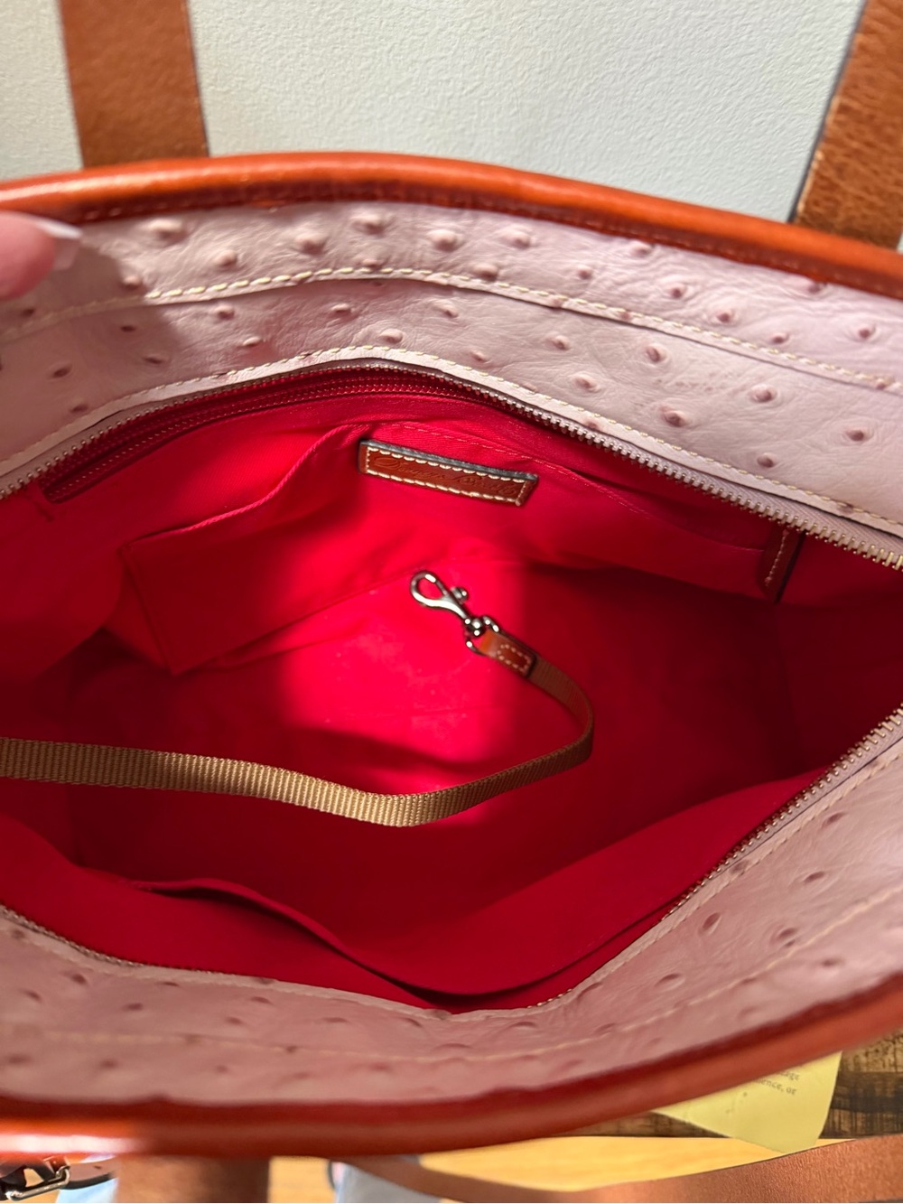 Dooney & Bourke Blush Ostrich-Embossed Tote with Brown Trim and Strap - Picture 6 of 12